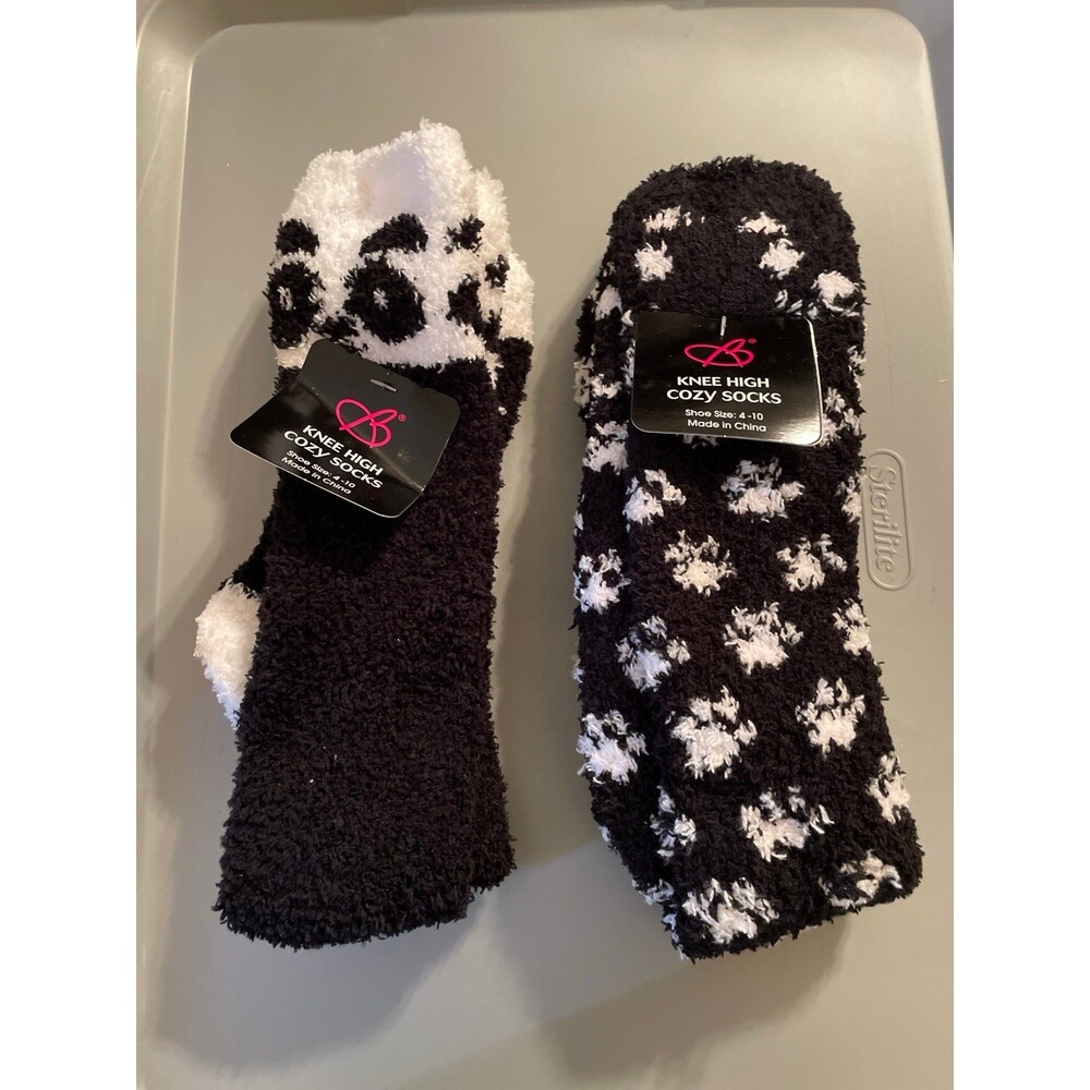 Knee High Cozy Socks Black White Panda Paw Prints Womens New bundle x2